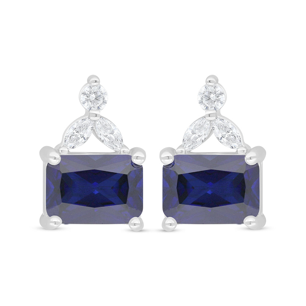 Sterling Silver 925 Earring Rhodium Plated Embedded With Sapphire Corundum And White Zircon