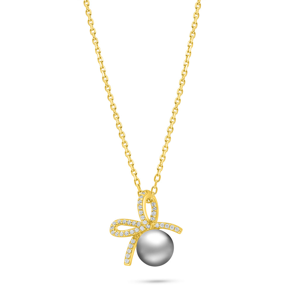 Sterling Silver 925 Necklace Golden Plated Embedded With Natural Gray Pearl And White Zircon