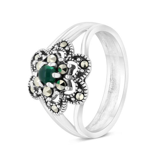 Sterling Silver 925 Ring Embedded With Natural Green Agate And Marcasite Stones