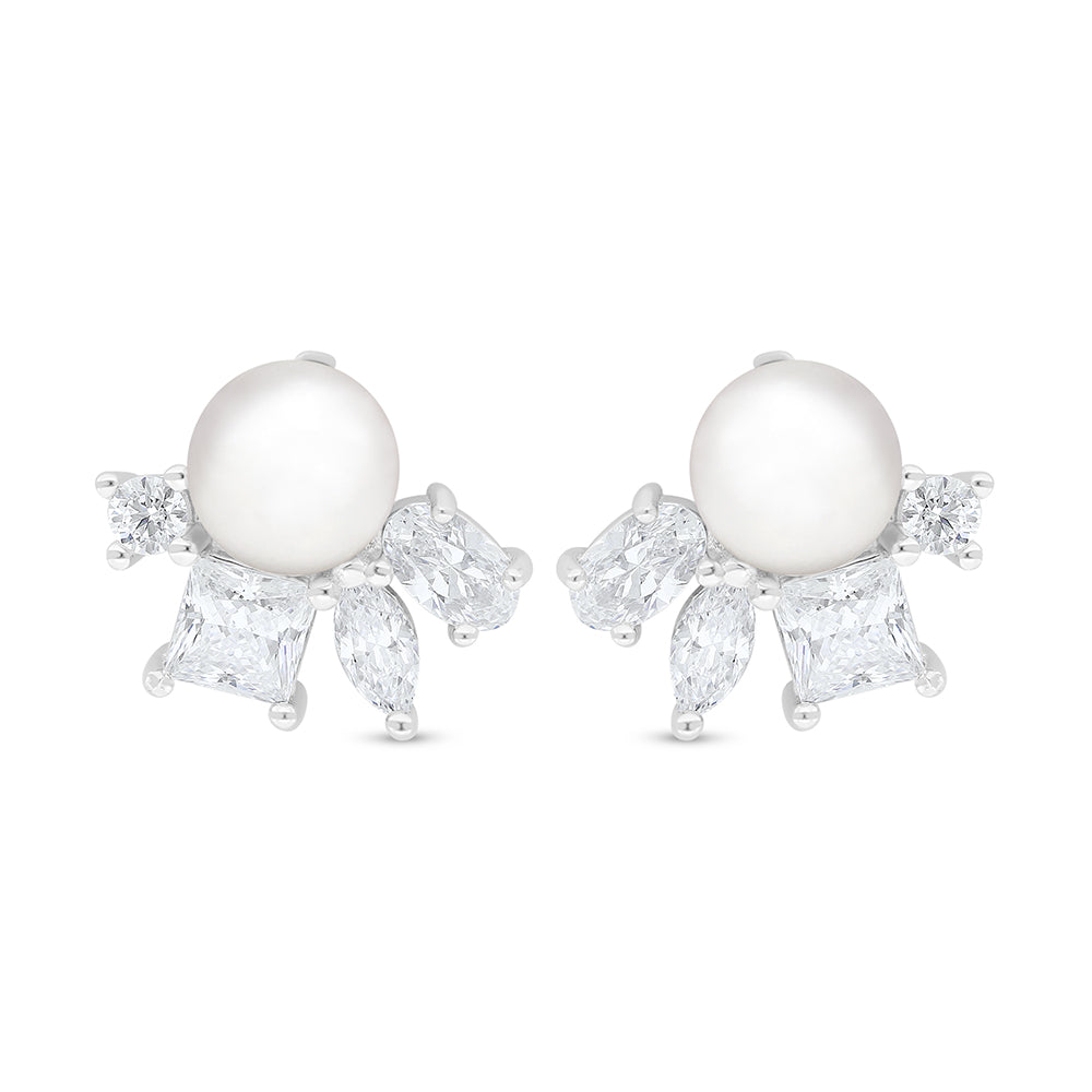 Sterling Silver 925 Earring Rhodium Plated Embedded With Natural White Pearl And Diamond Zircon And White Zircon