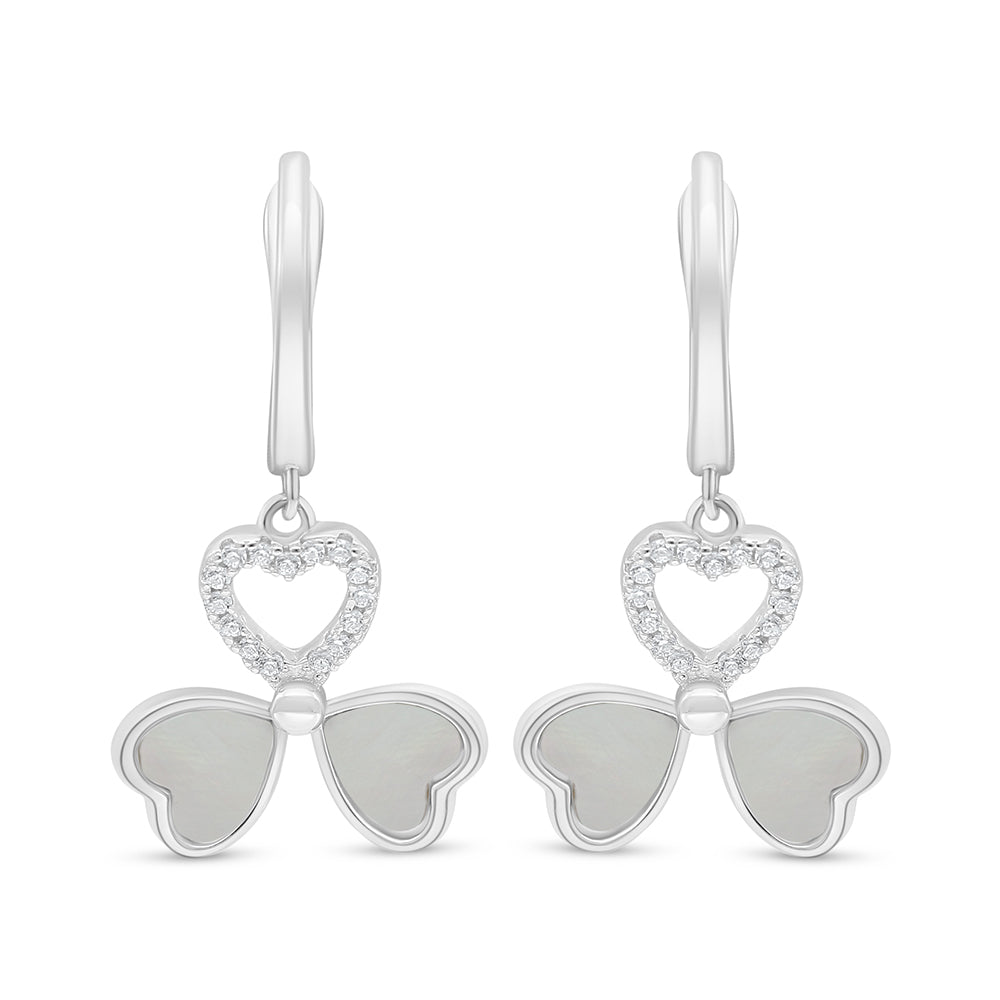 Sterling Silver 925 Earring Rhodium Plated Embedded With White Shell And White Zircon