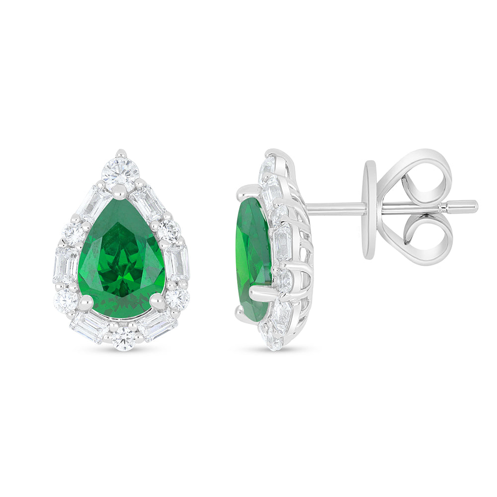 Sterling Silver 925 Earring Rhodium Plated Embedded With Emerald Zircon And White Zircon