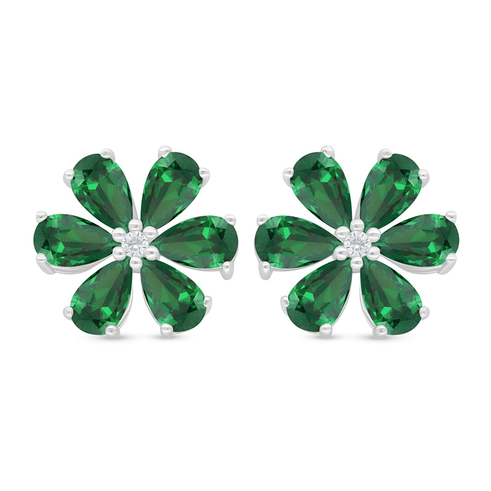 Sterling Silver 925 Earring Rhodium Plated Embedded With Emerald Zircon And White Zircon