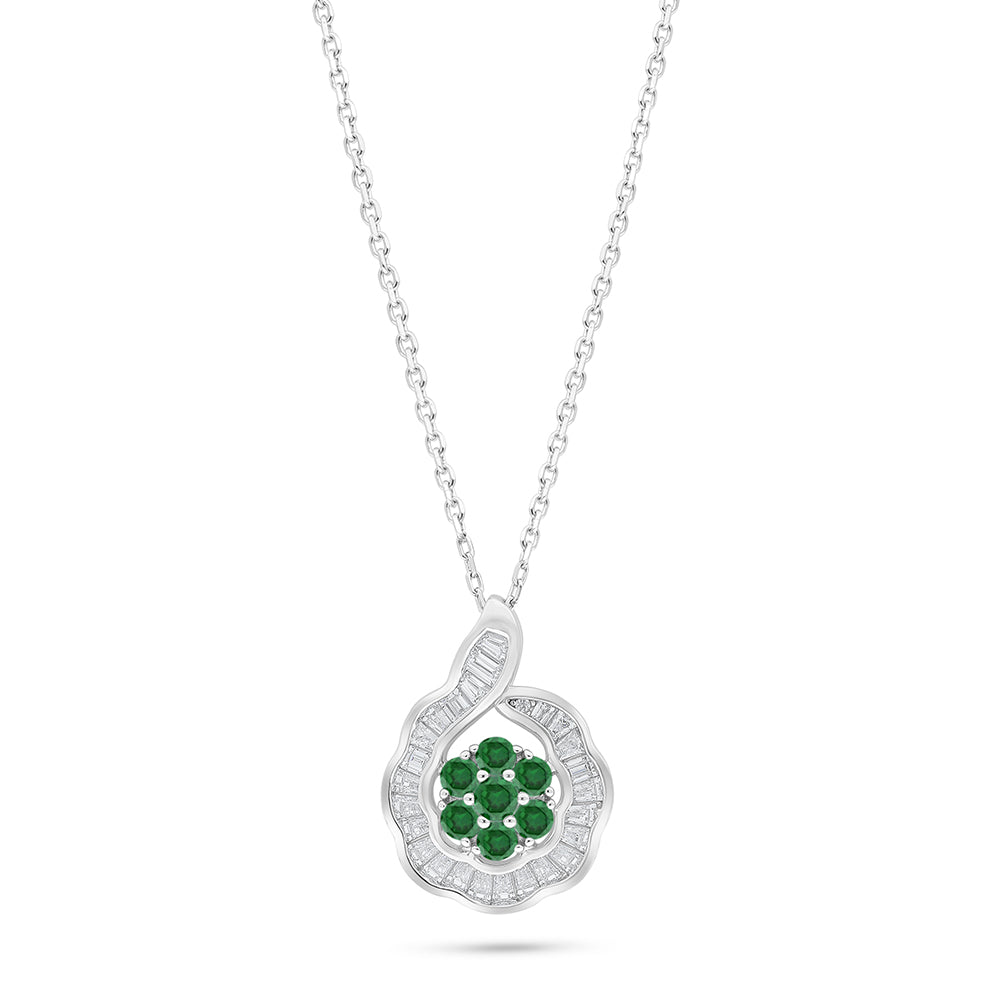 Sterling Silver 925 Necklace Rhodium Plated Embedded With Emerald Zircon And White Zircon