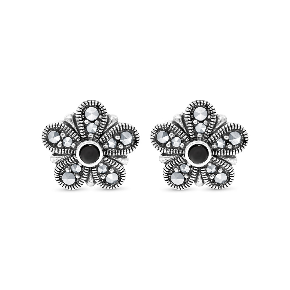 Sterling Silver 925 Earring Embedded With Natural Black Agate And Marcasite Stones