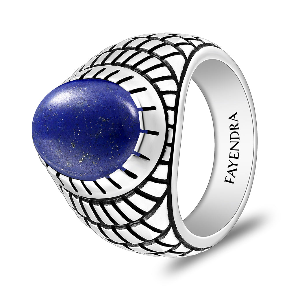 خاتم رجالي من الفضة الخالصة عيار925 مطلي روديوم و اسود مرصع حجر لابيس كابشون