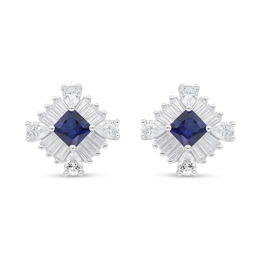 Sterling Silver 925 Earring Rhodium Plated Embedded With Sapphire Corundum And White Zircon