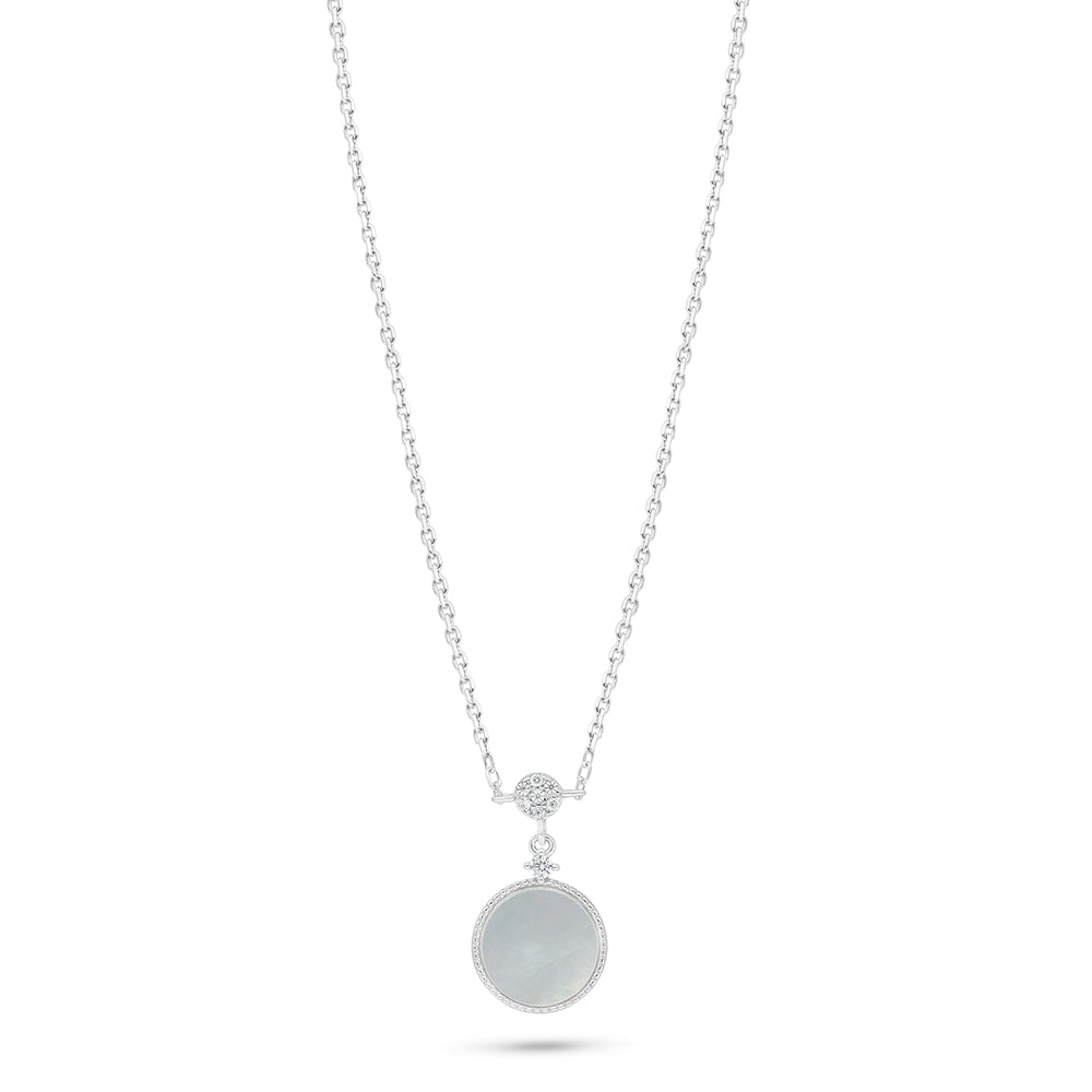 Sterling Silver 925 Necklace Rhodium Plated Embedded With White Shell And White Zircon