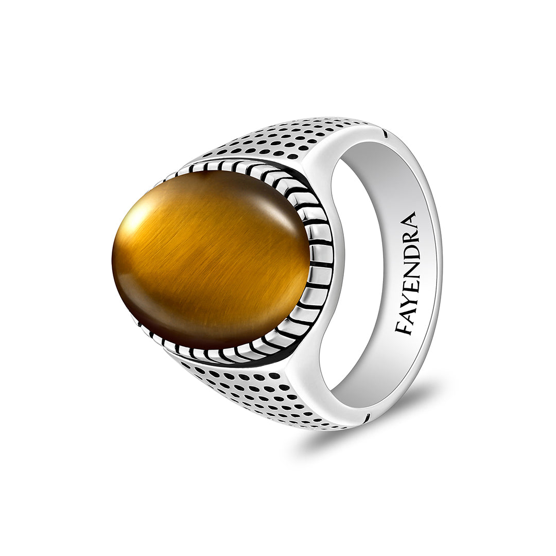Sterling Silver 925 Ring Rhodium And Black Plated Embedded With Cabochon Yellow Tiger Eye For Men