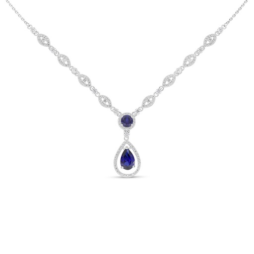 [NCL01SAP00WCZC085] Sterling Silver 925 Necklace Rhodium Plated Embedded With Sapphire Corundum And White Zircon