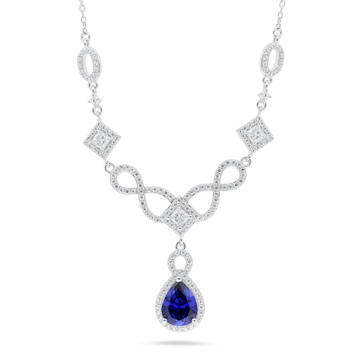 [NCL01SAP00WCZC086] Sterling Silver 925 Necklace Rhodium Plated Embedded With Sapphire Corundum And White Zircon
