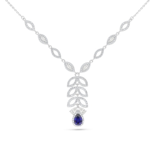 [NCL01SAP00WCZC087] Sterling Silver 925 Necklace Rhodium Plated Embedded With Sapphire Corundum And White Zircon