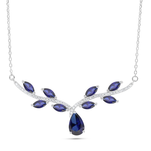 [NCL01SAP00WCZC089] Sterling Silver 925 Necklace Rhodium Plated Embedded With Sapphire Corundum And White Zircon