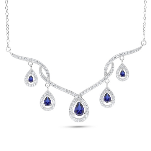 [NCL01SAP00WCZC090] Sterling Silver 925 Necklace Rhodium Plated Embedded With Sapphire Corundum And White Zircon