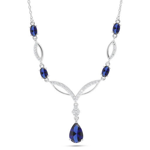 [NCL01SAP00WCZC091] Sterling Silver 925 Necklace Rhodium Plated Embedded With Sapphire Corundum And White Zircon