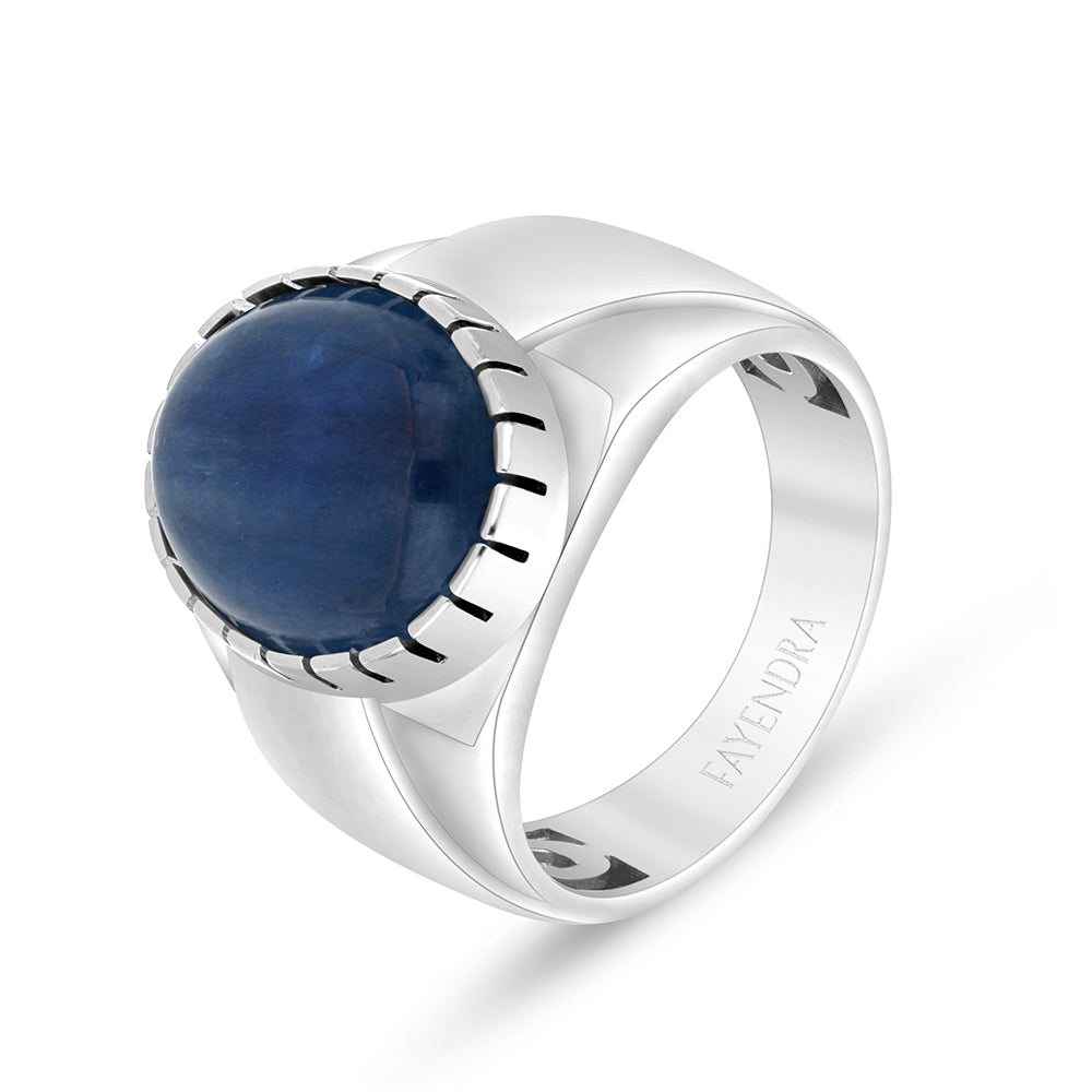Sterling Silver 925 Ring Rhodium Plated Embedded With Cabochon Natural Kyanite For Men