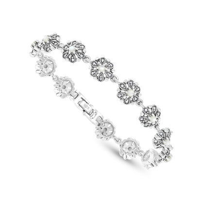 Sterling Silver 925 Set Embedded With Natural White Shell And Marcasite Stones