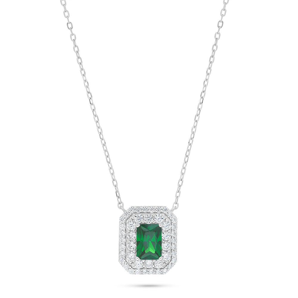 Sterling Silver 925 Necklace Rhodium Plated Embedded With Emerald Zircon And White Zircon