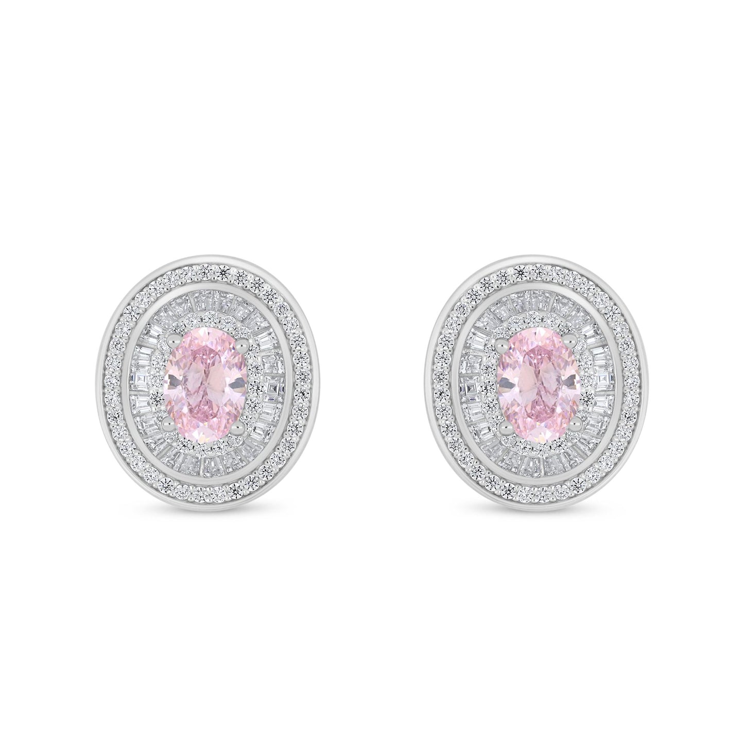Sterling Silver 925 Earring Rhodium Plated Embedded With Pink Zircon And White Zircon