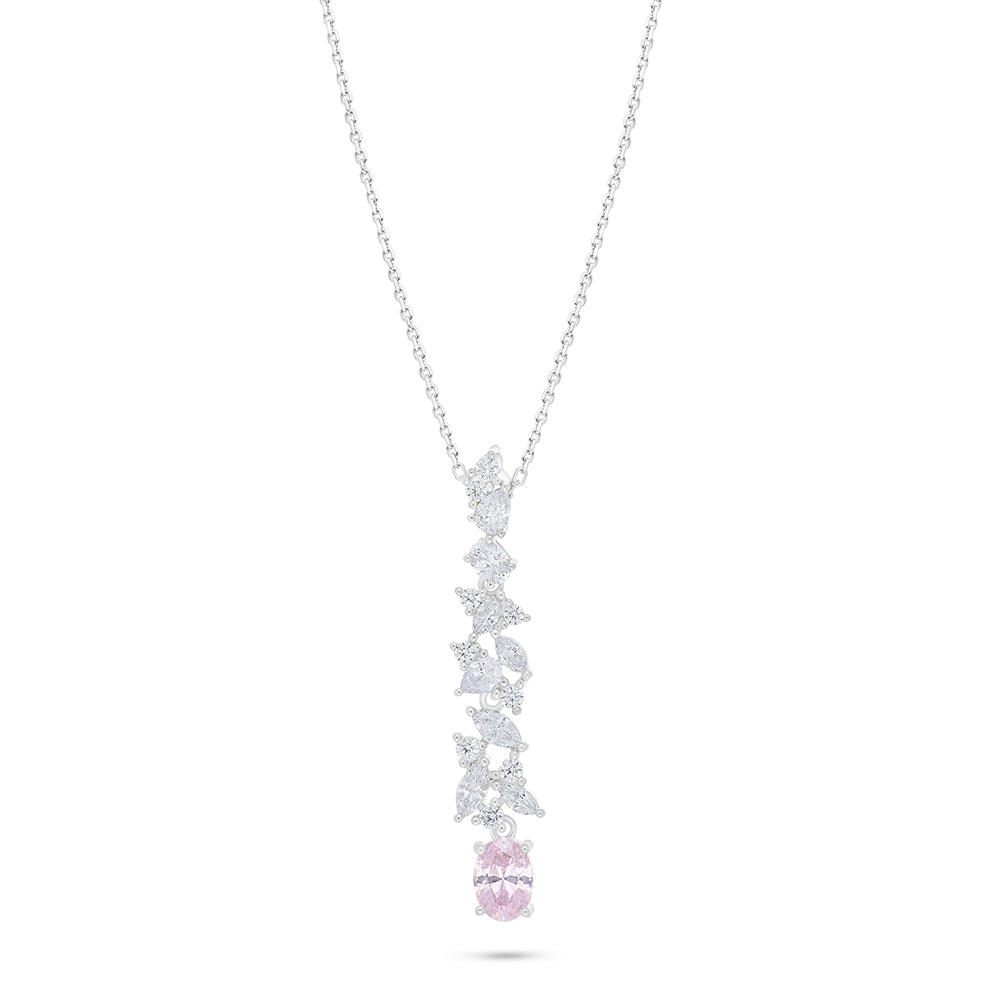 Sterling Silver 925 Necklace Rhodium Plated Embedded With pink Zircon And White Zircon