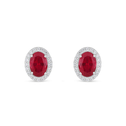 Sterling Silver 925 Earring Rhodium Plated Embedded With Ruby Corundum And White Zircon