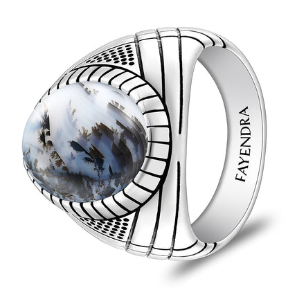 Sterling Silver 925 Ring Rhodium And Black Plated Embedded With Natural Agate Cabochon For Men