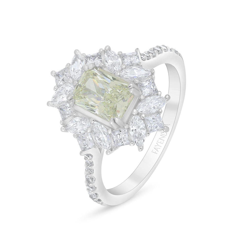 خاتم من الفضة الخالصة عيار 925 مطلي روديوم مرصع بالزركون الكناري الالماسي و فص ابيض