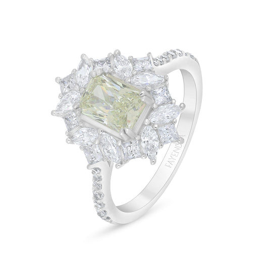 خاتم من الفضة الخالصة عيار 925 مطلي روديوم مرصع بالزركون الكناري الالماسي و فص ابيض