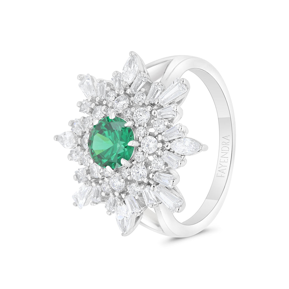 Sterling Silver 925 Ring Rhodium Plated Embedded With Emerald Zircon And White CZ