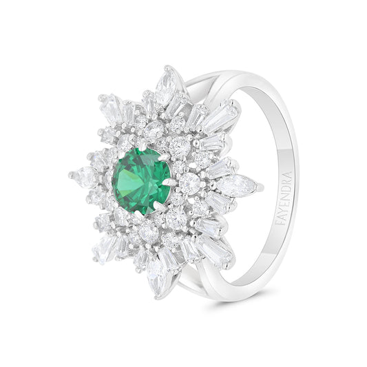 Sterling Silver 925 Ring Rhodium Plated Embedded With Emerald Zircon And White CZ