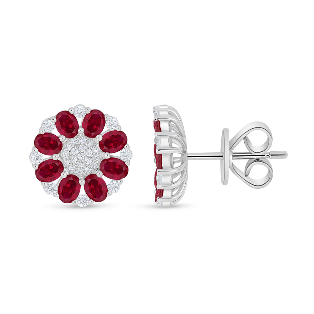Sterling Silver 925 Earring Rhodium Plated Embedded With Ruby Corundum And White Zircon