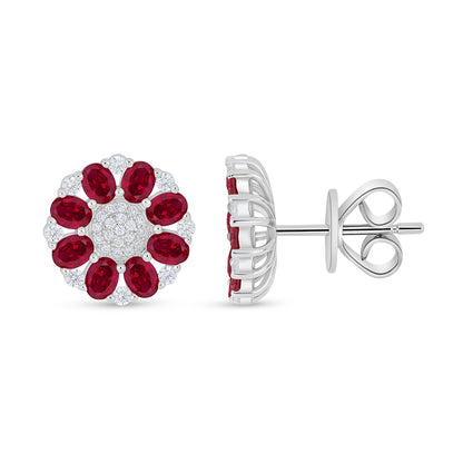 Sterling Silver 925 Earring Rhodium Plated Embedded With Ruby Corundum And White Zircon