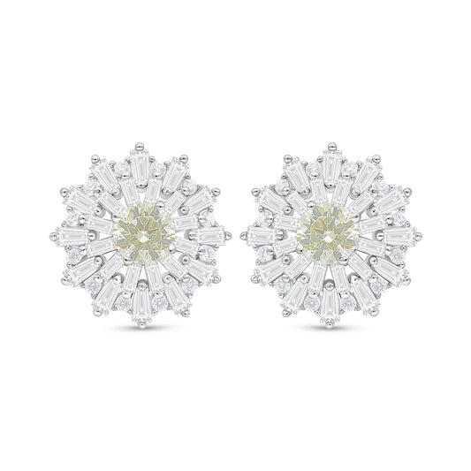 Sterling Silver 925 Earring Rhodium Plated Embedded With Yellow Diamond And White Zircon