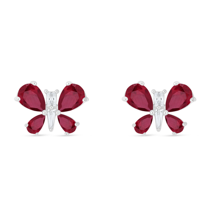Sterling Silver 925 Earring Rhodium Plated Embedded With Ruby Corundum And White Zircon