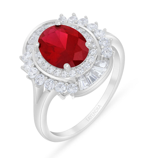 Sterling Silver 925 Ring Rhodium Plated Embedded With Ruby Corundum And White Zircon