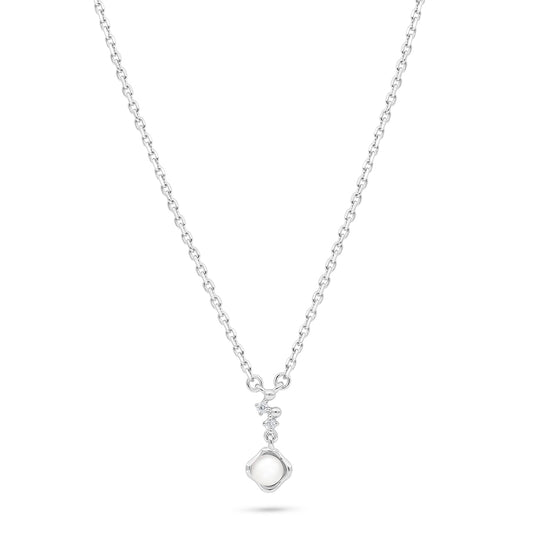Sterling Silver 925 Necklace Rhodium Plated Embedded With Natural White Pearl And White Zircon