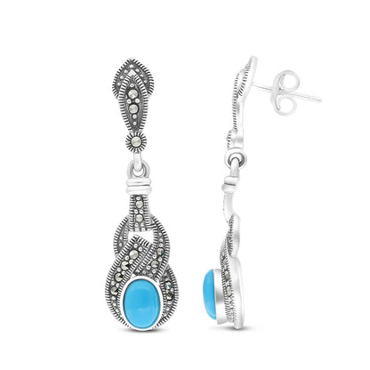 Sterling Silver 925 Earring Embedded With Natural Processed Turquoise And Marcasite Stones