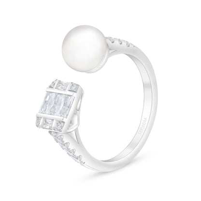 Sterling Silver 925 Ring Rhodium Plated Embedded With Natural White Pearl And White Zircon