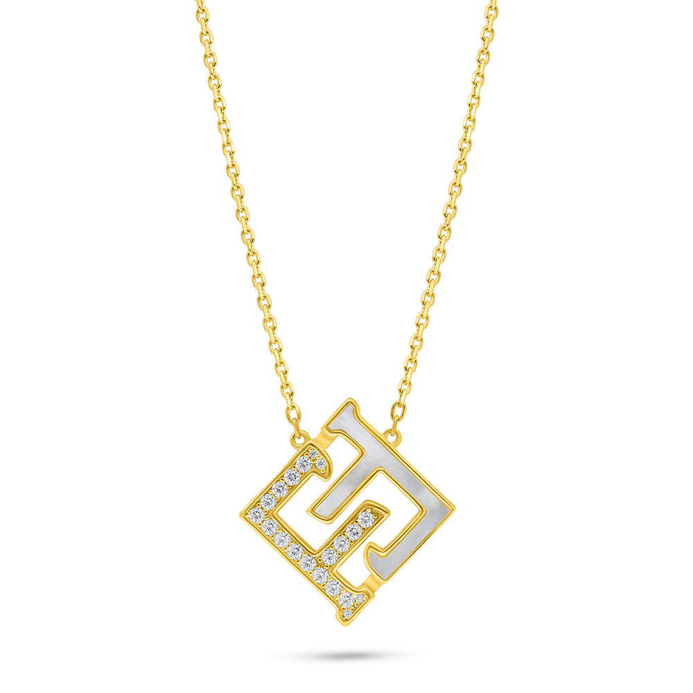 عقد من الفضة الخالصة عيار 925 مطلي ذهبي مرصع صدف ابيض و فص ابيض LOGO