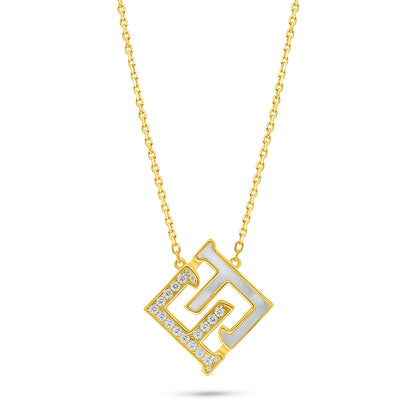 عقد من الفضة الخالصة عيار 925 مطلي ذهبي مرصع صدف ابيض و فص ابيض LOGO