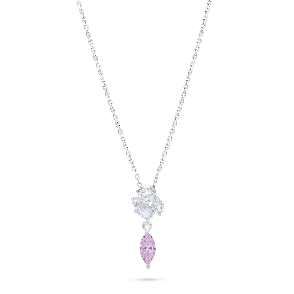 Sterling Silver 925 Necklace Rhodium Plated Embedded With pink Zircon And White Zircon