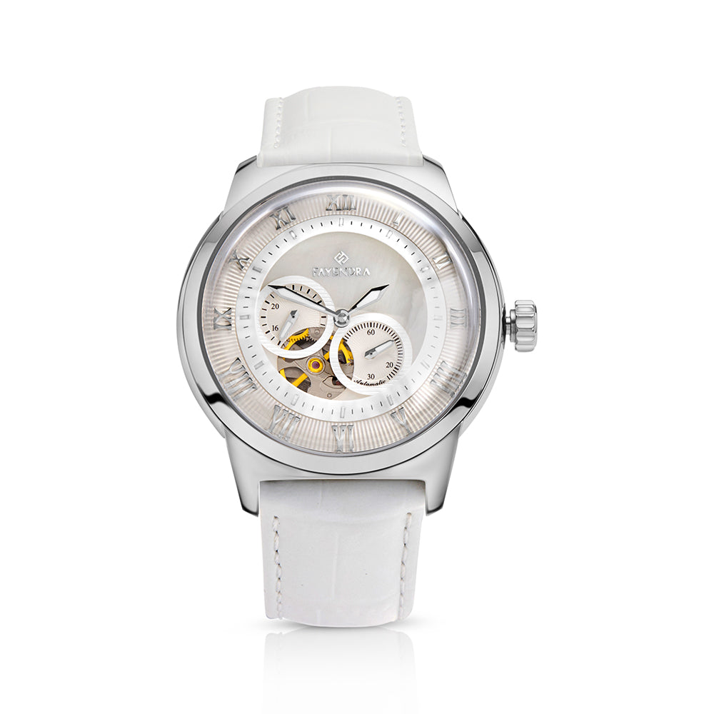 Stainless Steel 316L Watch Silver Color White Leather For Men - WHITE MOP DIAL