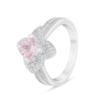 Sterling Silver 925 Ring Rhodium Plated Embedded With Pink Zircon And White Zircon