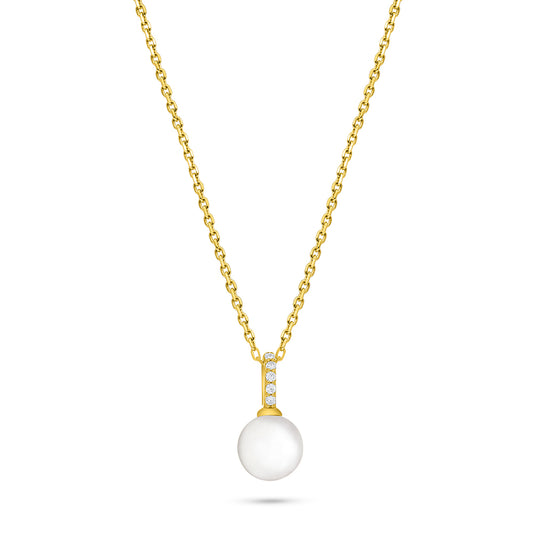 Sterling Silver 925 Necklace Golden Plated Embedded With Natural White Pearl And White Zircon