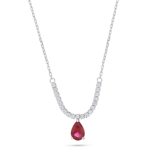 Sterling Silver 925 Necklace Rhodium Plated Embedded With Ruby Corundum And White Zircon