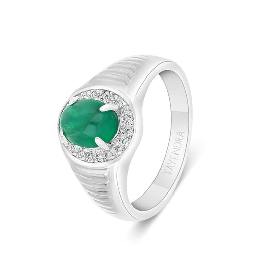 Sterling Silver 925 Men Ring Rhodium Plated Embedded With Natural Emerald And Natural Diamond (CVD)