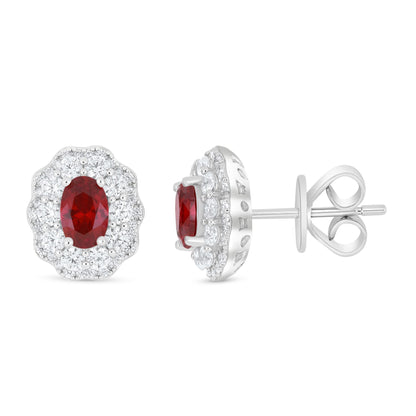 Sterling Silver 925 Earring Rhodium Plated Embedded With Ruby Corundum And White Zircon