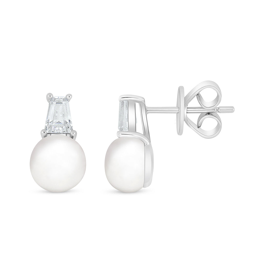 Sterling Silver 925 Earring Rhodium Plated Embedded With Natural White Pearl And White Zircon