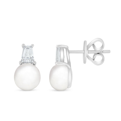 Sterling Silver 925 Earring Rhodium Plated Embedded With Natural White Pearl And White Zircon