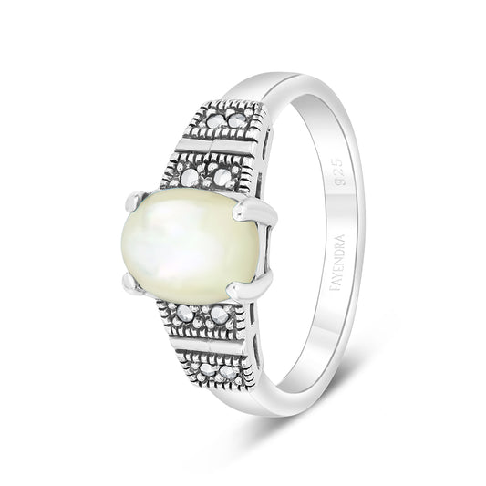 Sterling Silver 925 Ring Embedded With Natural White Shell And Marcasite Stones